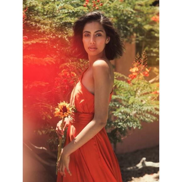 NWT Mac Duggal One Shoulder‎ Bishop Sleeve Flowy Gown Spice Orange Sz 6 - Picture 3 of 8